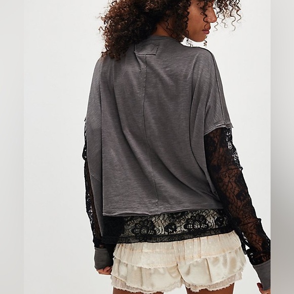 Free People Gray Long Sleeve Lace Tee Oversized - Picture 2 of 8